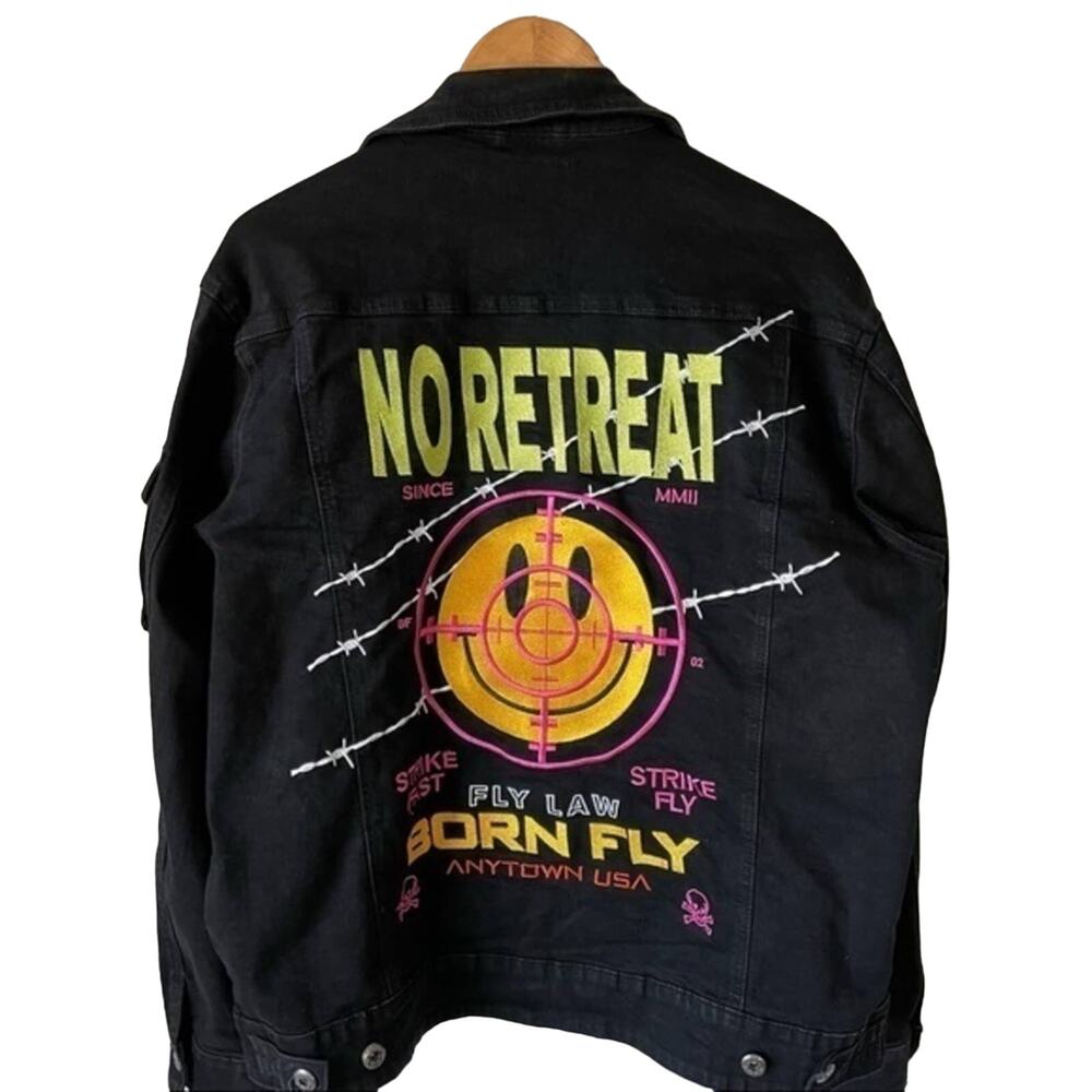 Born Fly Black Denim Jacket Large Embroidery Buckles No Retreat Punk Rock